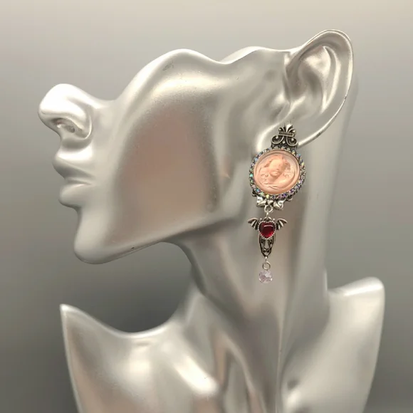 Vintage Signed Kirks Folly Whimsical Pink Cameo Crystal Ornate Silver Earrings